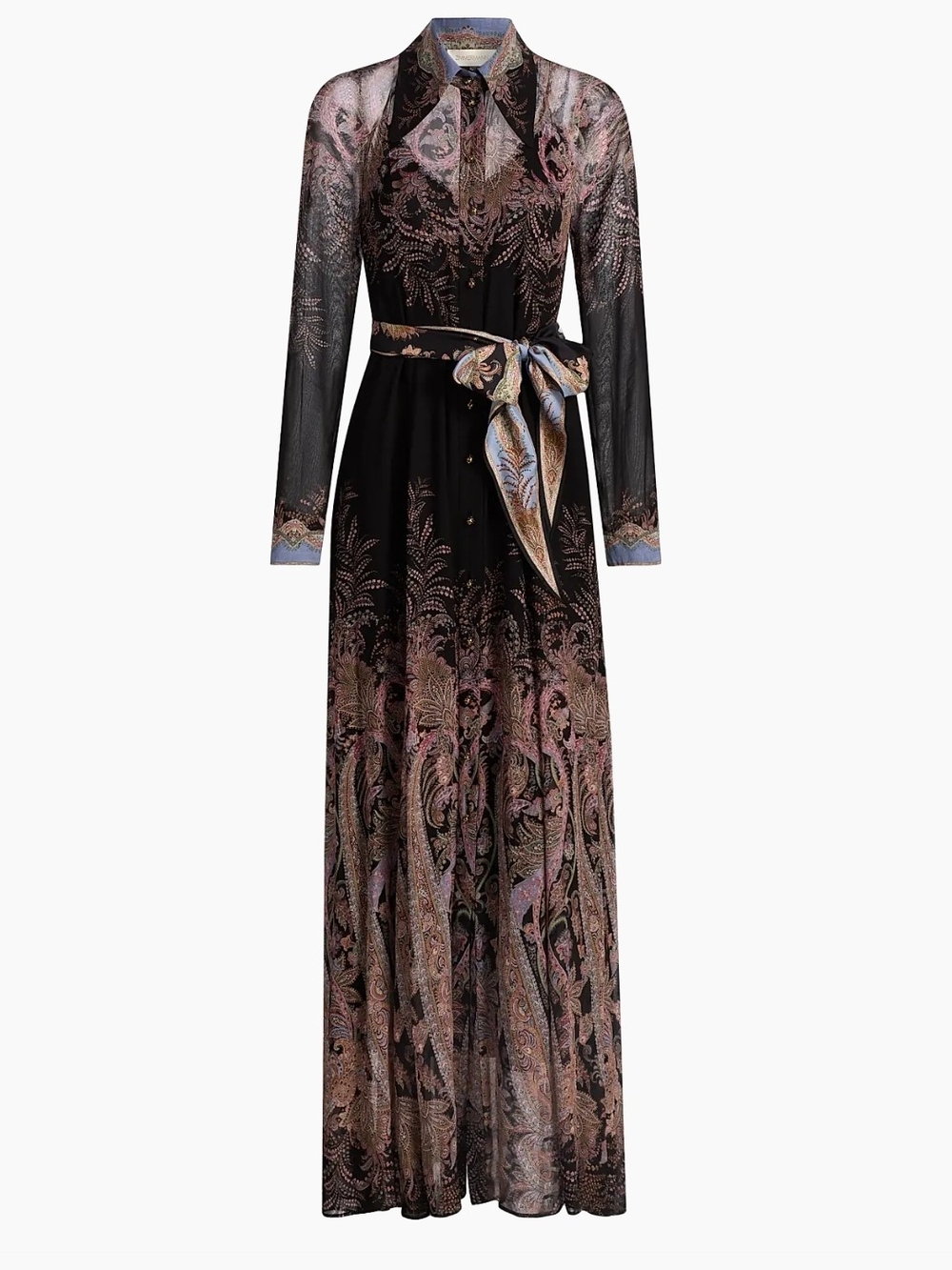 Sheer Long-Sleeve Black & Pink Paisley Maxi Shirt Dress with Tie Belt